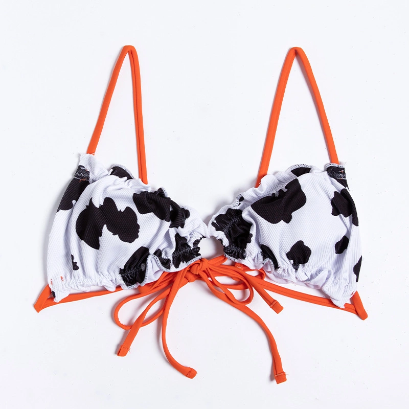 2023 Cow Print Contrast Strap Tie Front Frill Trim Bikini Swimsuits