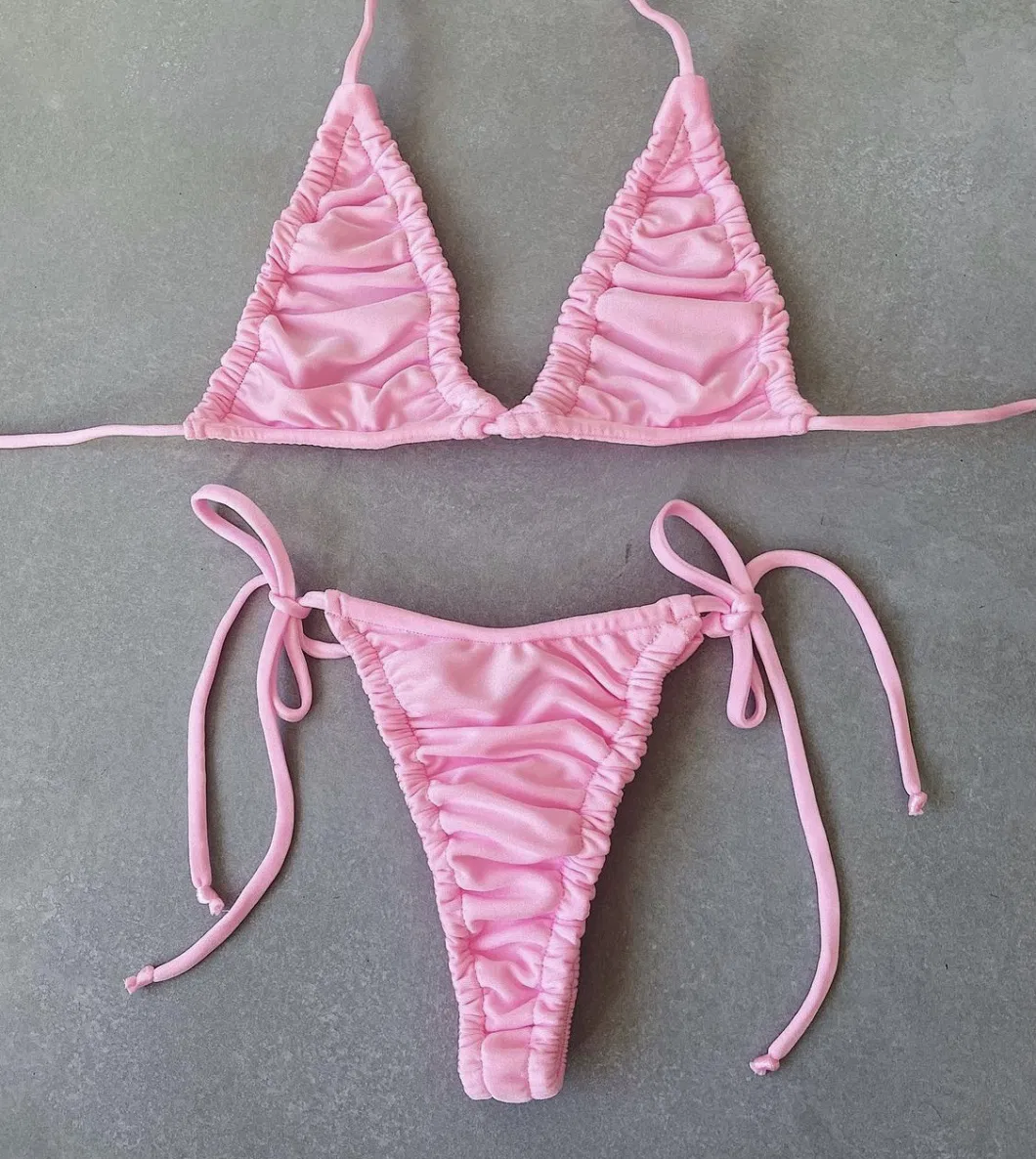 2023 Solid Ruched Triangle Thong Tie Side Bikini Swimsuits