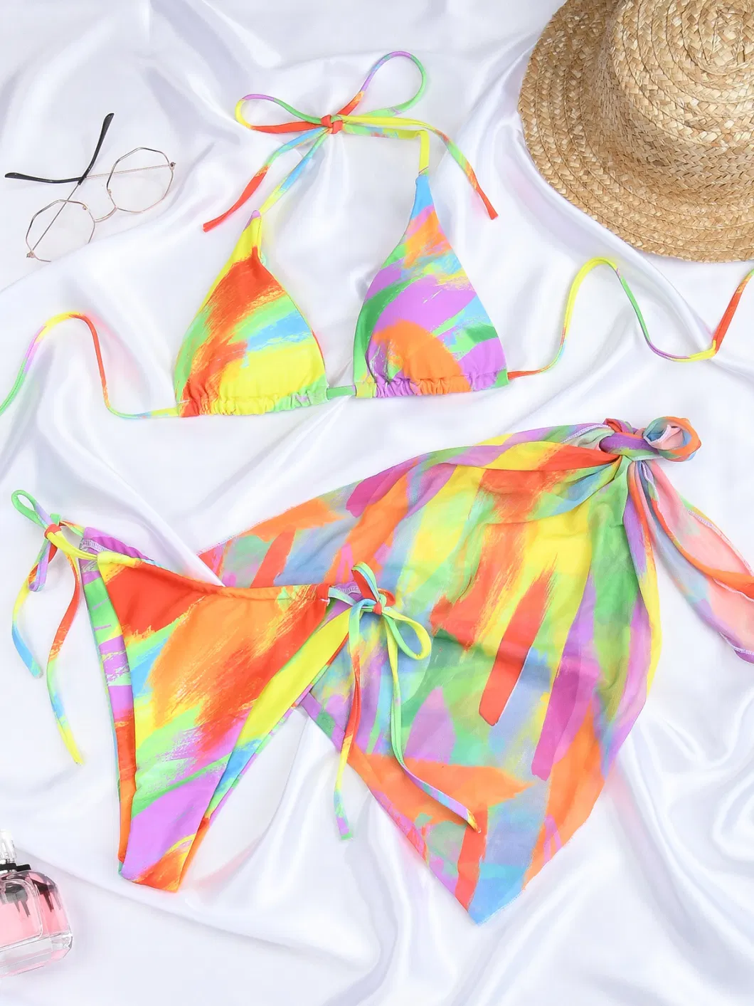 2023 Colour Tie Dye Triangle 3 Pieces Bikini Swimsuits &amp; Cover up