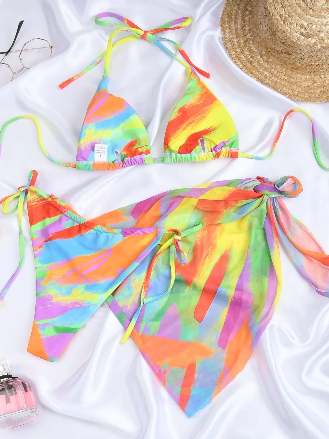 2023 Colour Tie Dye Triangle 3 Pieces Bikini Swimsuits &amp; Cover up