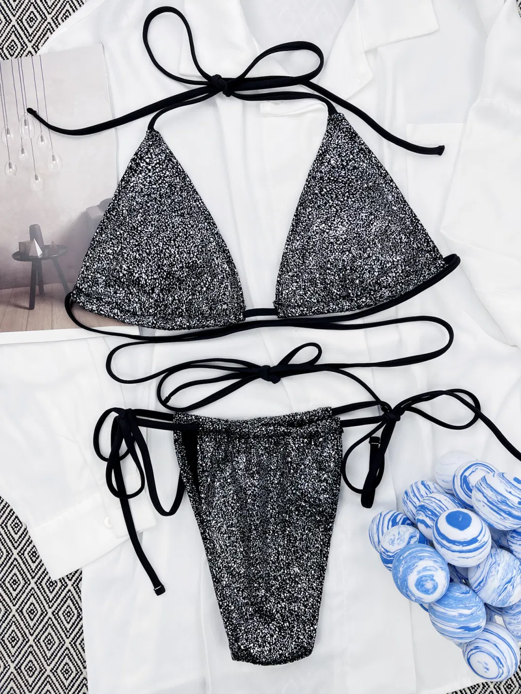 2024 Drawstring Shine Fabric Triangle Women&prime;s Sexy Bikini Sets Beach Wear