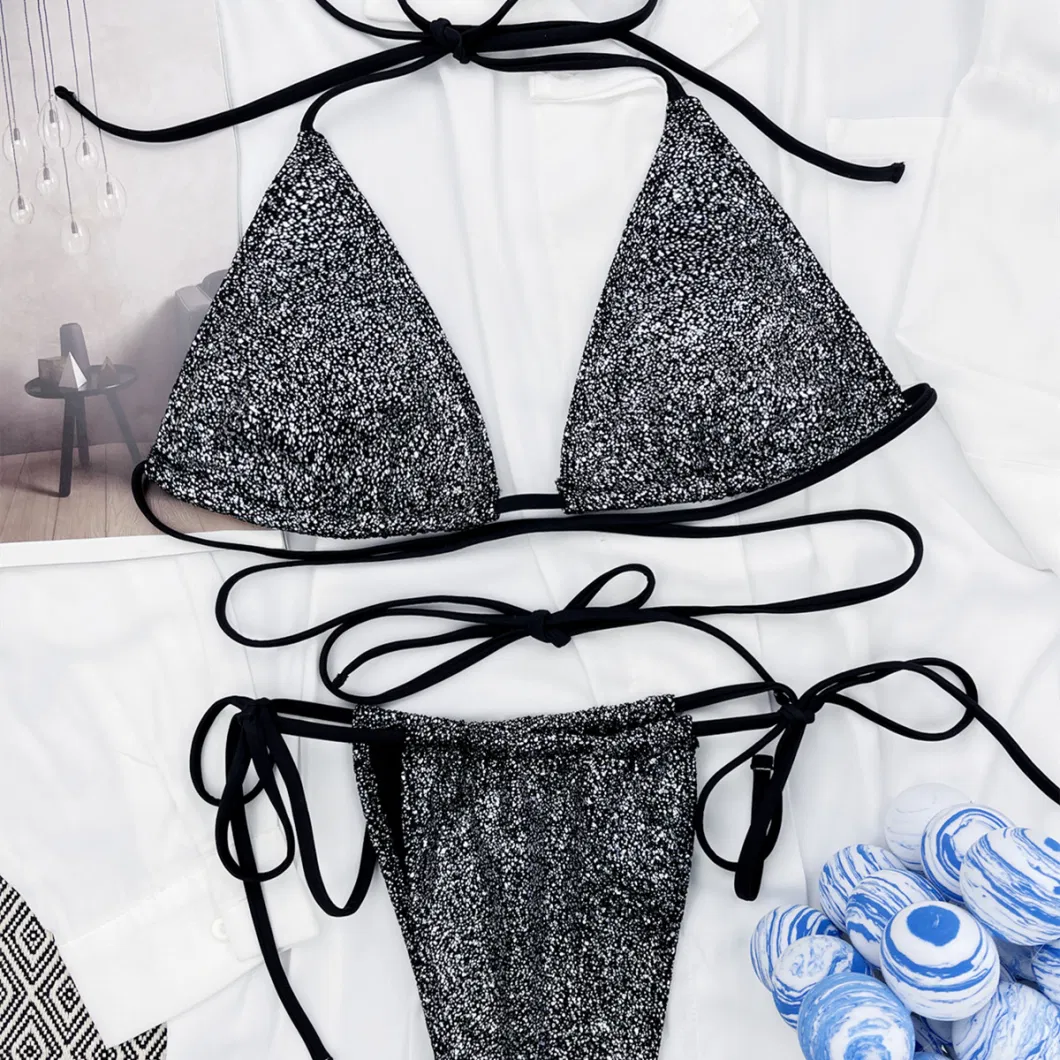 2024 Drawstring Shine Fabric Triangle Women&prime;s Sexy Bikini Sets Beach Wear