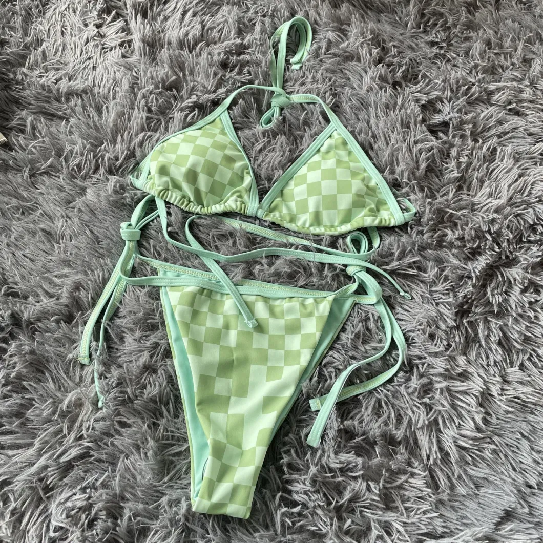 Green Check Pattern Women&prime;s Sexy Two Piece Bikini