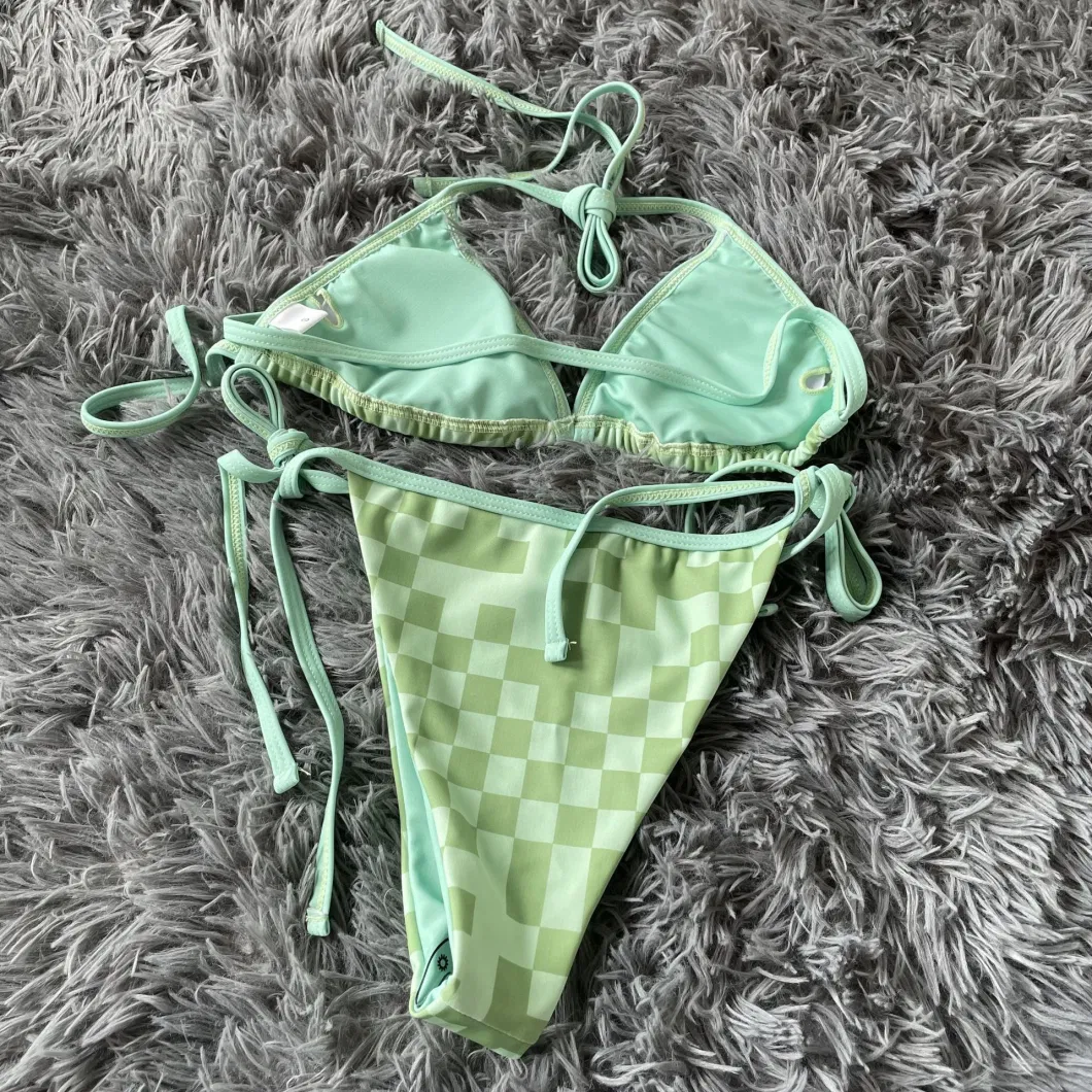 Green Check Pattern Women&prime;s Sexy Two Piece Bikini