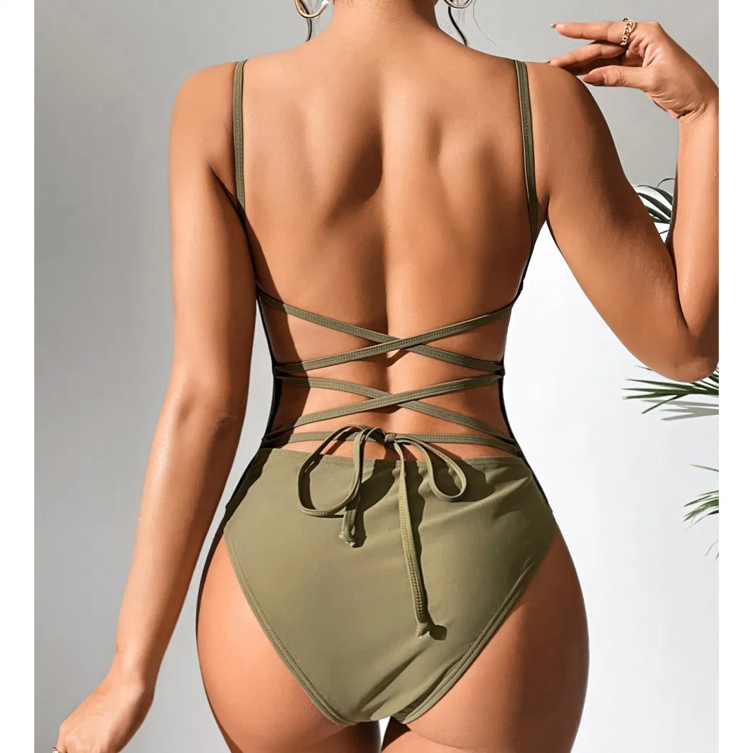 Solid Color Sexy Backless Lace-up One-Piece Swimsuit