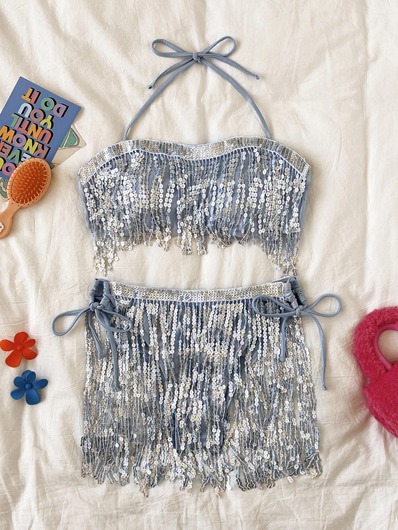 Glitter Fringe Strapless Women&prime;s Swimsuit Sexy Two-Piece Bikini