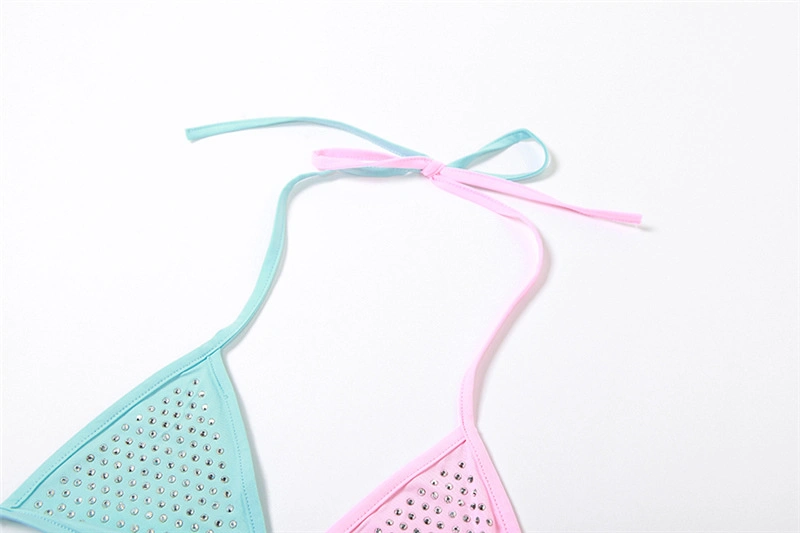 New Fashion Hanging Neck Women Swimsuit Lace up Bump Color Belt Drill Sexy Bikini Two-Piece Set