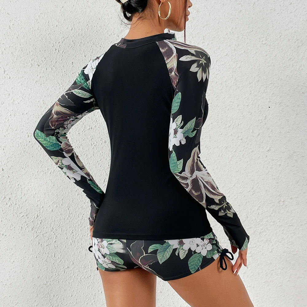 Sexy Surf Suit Long Sleeve Printed Flower 2-Piece Swimsuit