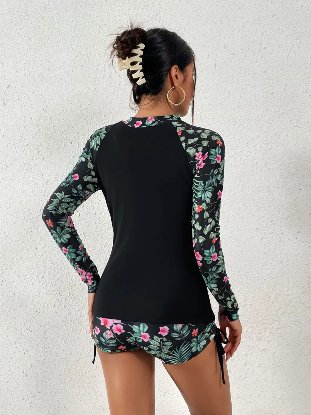 Sexy Surf Suit Long Sleeve Printed Flower 2-Piece Swimsuit