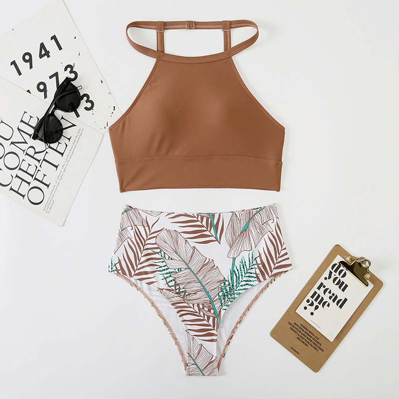 Pure Color Printed Two-Piece Swimsuit High-Waisted Sexy Bikini