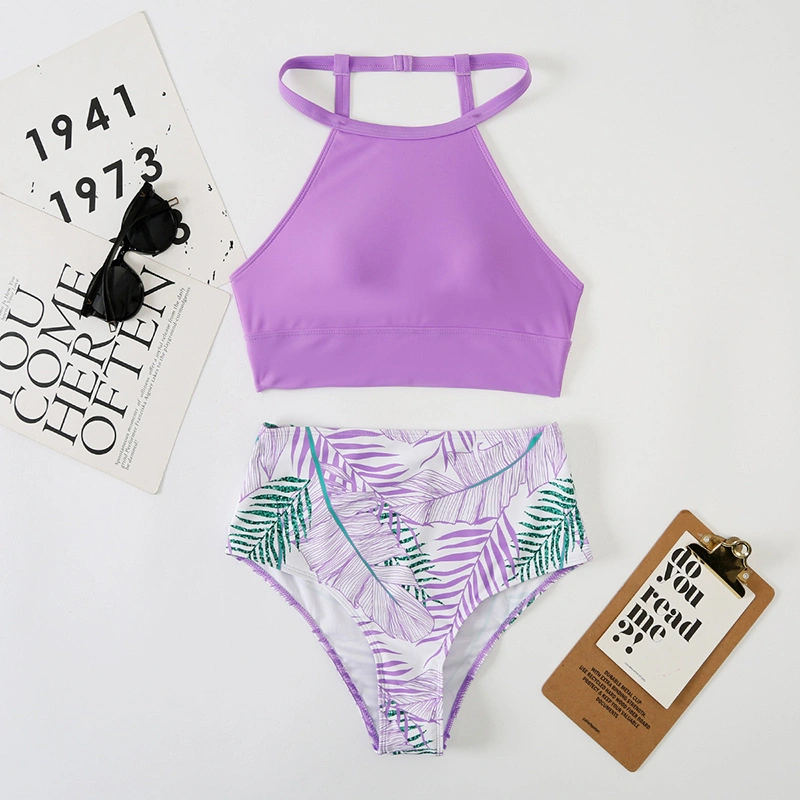 Pure Color Printed Two-Piece Swimsuit High-Waisted Sexy Bikini