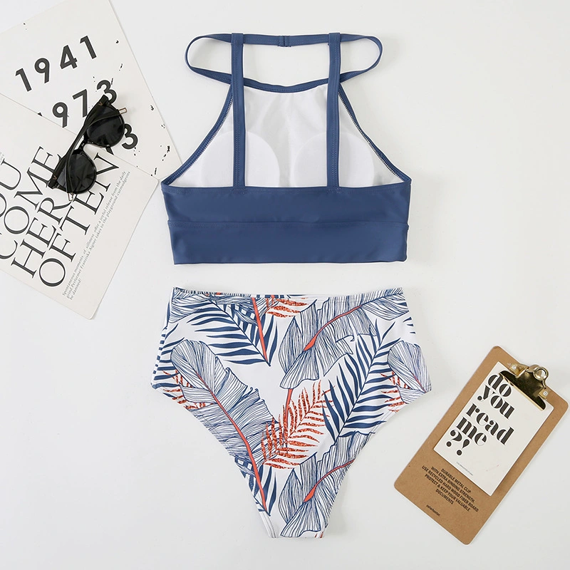 Pure Color Printed Two-Piece Swimsuit High-Waisted Sexy Bikini