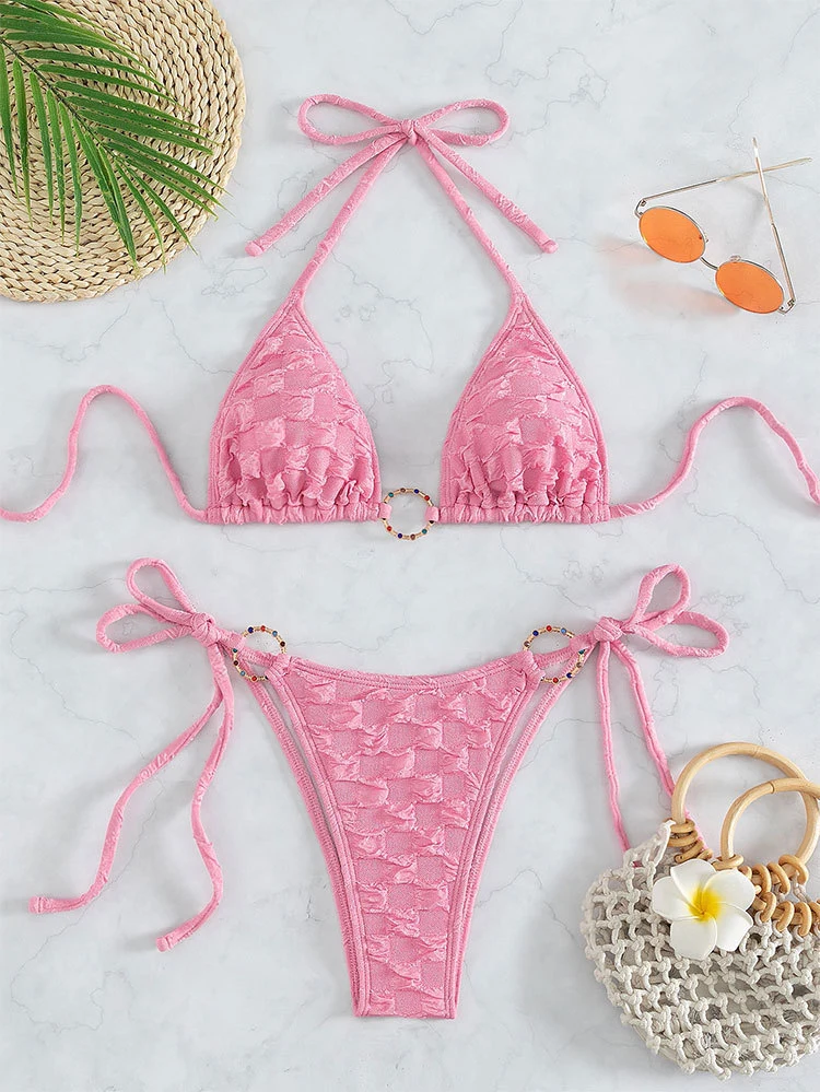 Sexy Two-Piece Swimsuit Hanging Neck High Waist Side Lace-up Bubble Bikini Set