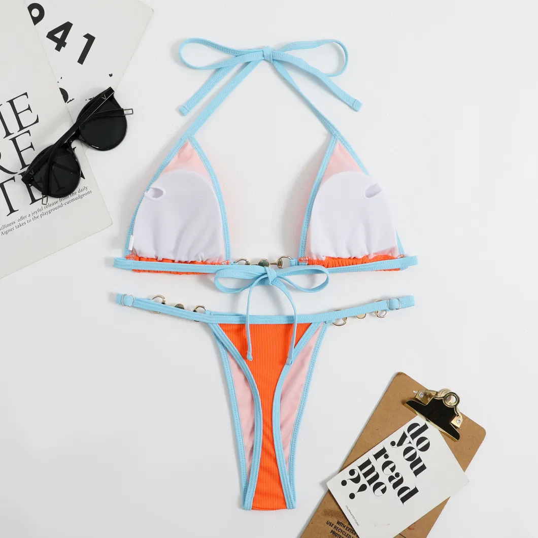 Patchwork Color Hanging Neck Triangle Bikini Set Sexy Beach Swimsuit