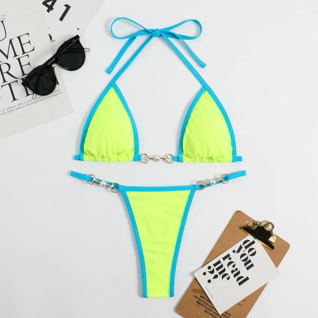 Patchwork Color Hanging Neck Triangle Bikini Set Sexy Beach Swimsuit