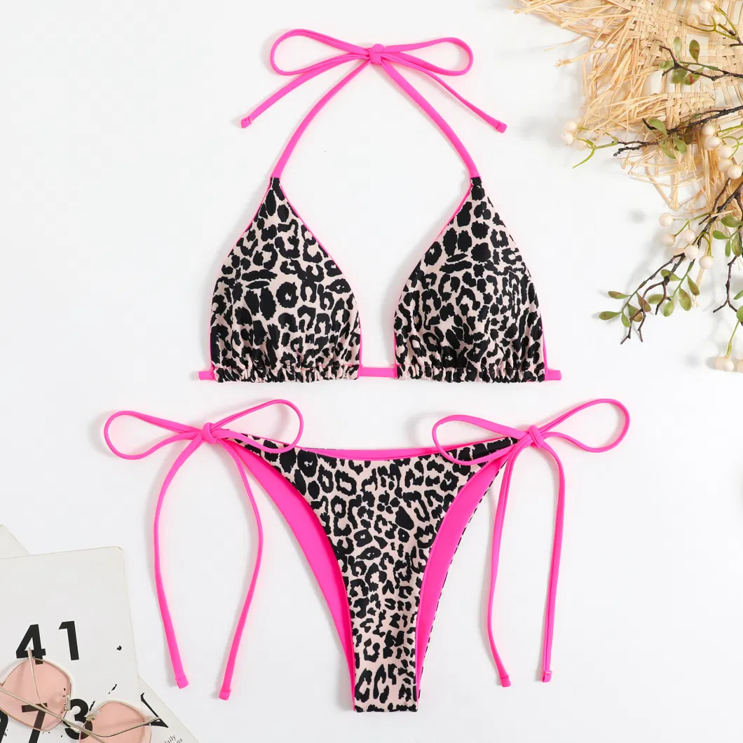 Tiktok Hot Style Leopard Print Hanging Neck Side Strap Women&prime;s Beach Swimsuit