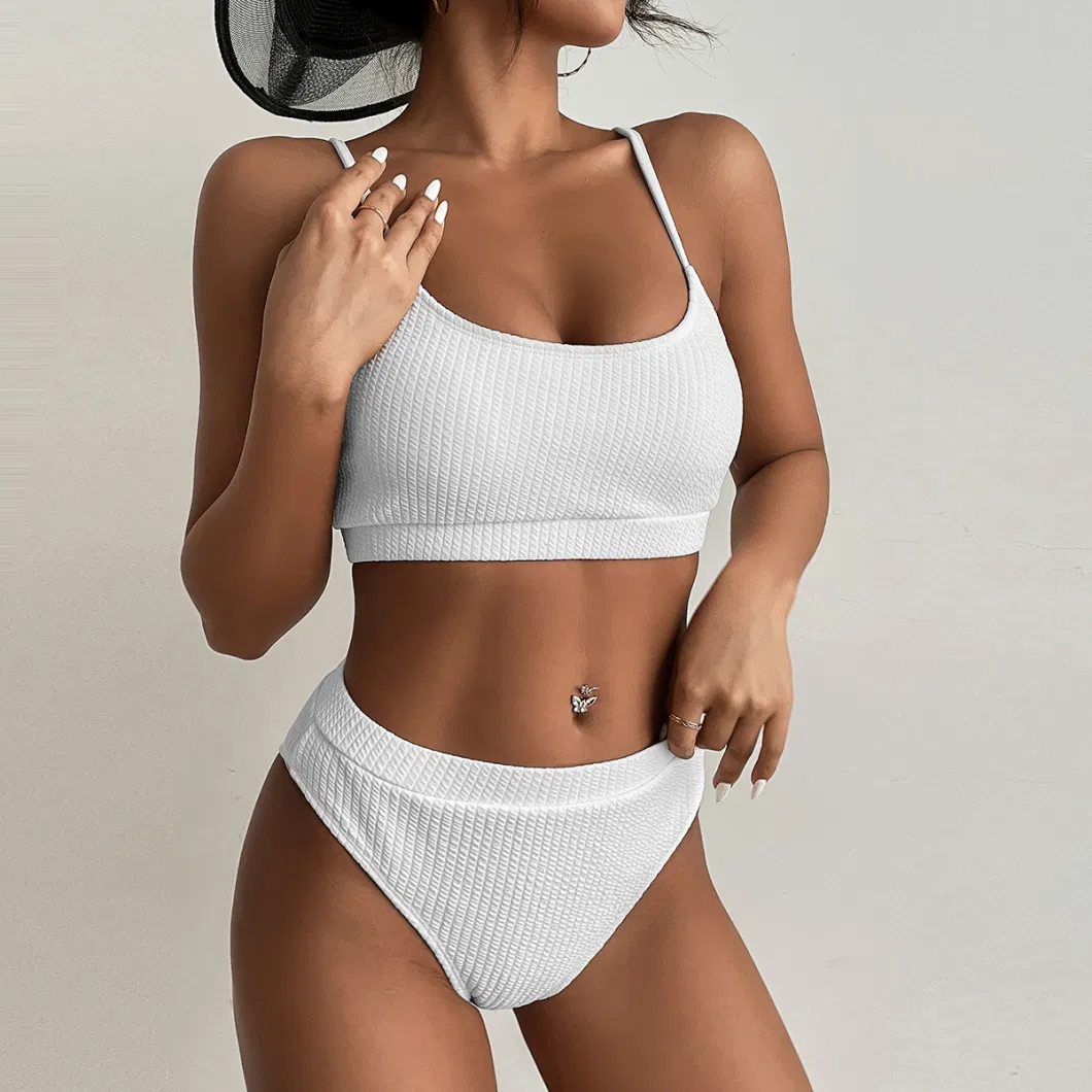 2023 New Style Spiral Pit Strip Fabric U-Neck High Waist Solid Color Bikini Two-Piece Women&prime;s Swimsuit