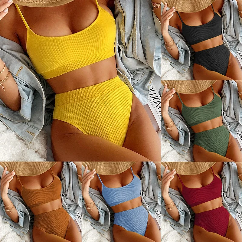 2023 New Style Spiral Pit Strip Fabric U-Neck High Waist Solid Color Bikini Two-Piece Women&prime;s Swimsuit