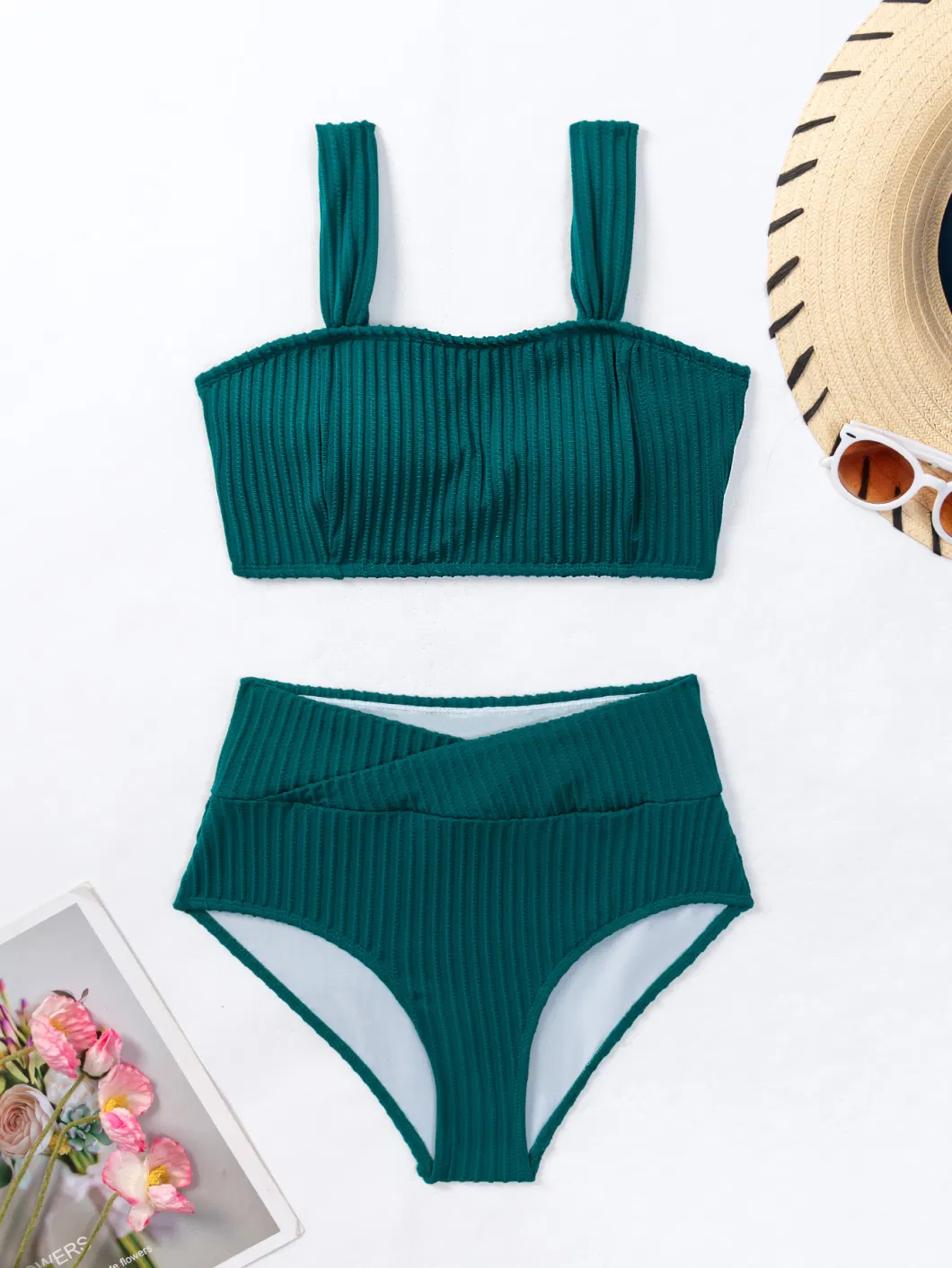 Solid Color Thick Pit Strip High Waist Sexy Bikini Two-Piece Women&prime;s Swimsuit