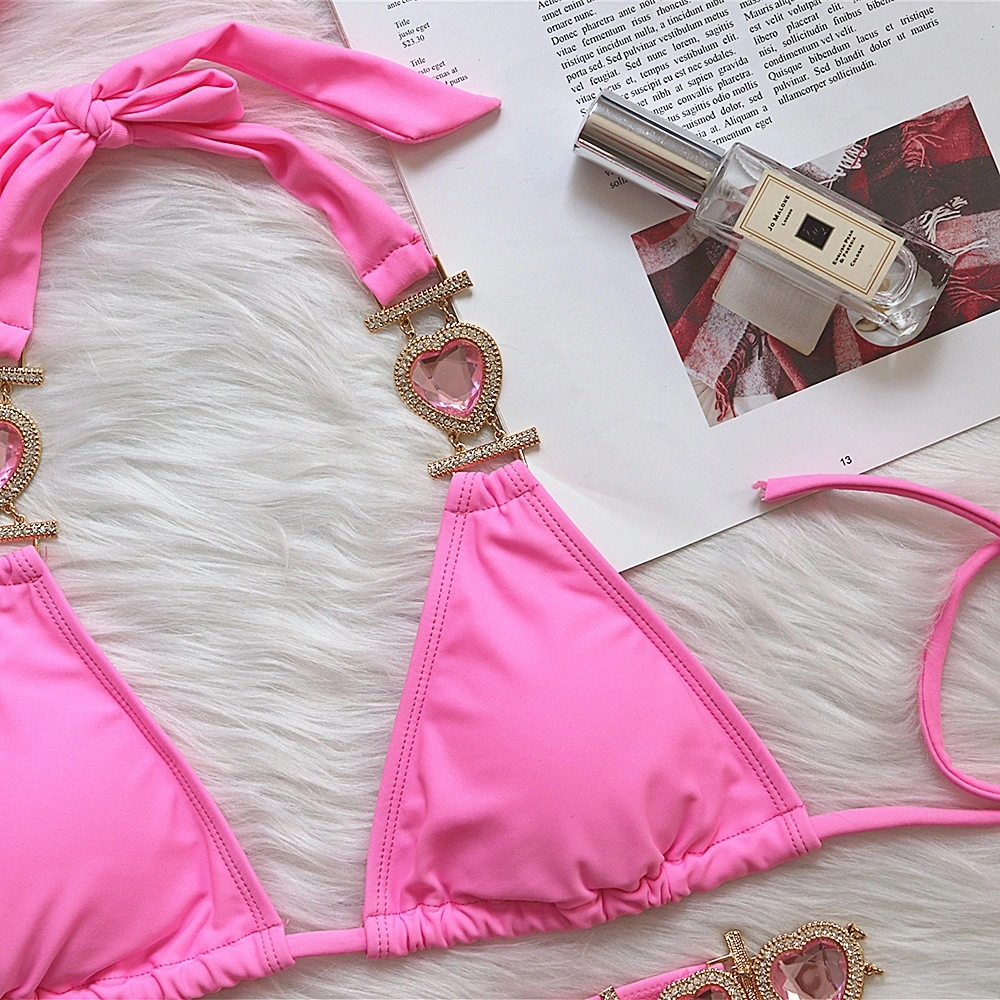 2023 Luxury Heart Diamond Tao-Piece Bikini Strap Solid Color Swimsuit