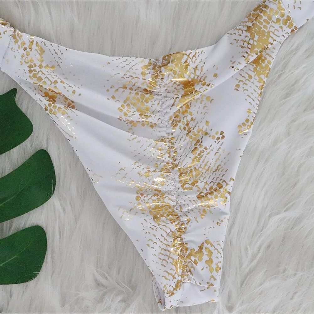 New Style Gold Snake Printing Bikini Crystal Diamond Metal Strap Swimsuit