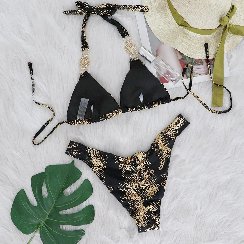 New Style Gold Snake Printing Bikini Crystal Diamond Metal Strap Swimsuit