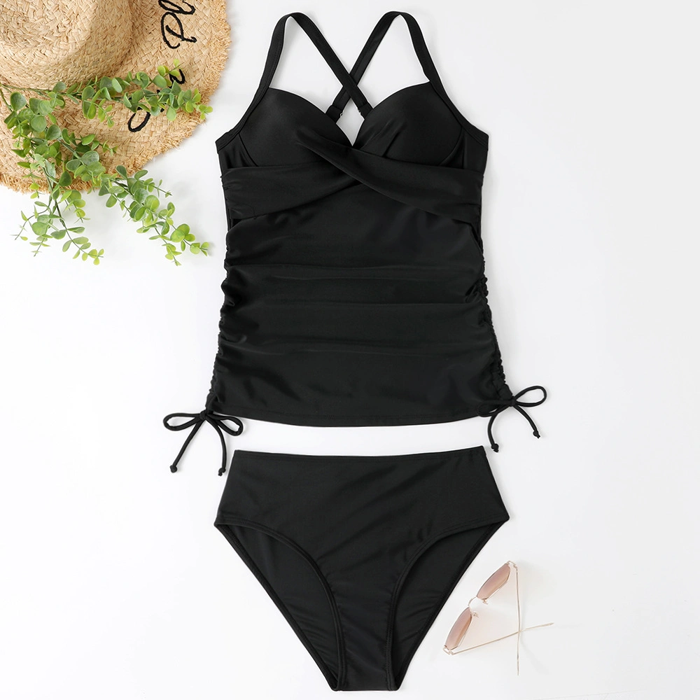 2023 Solid Color Bikini Women&prime;s Two-Piece Tight Side Pleated Swimsuit