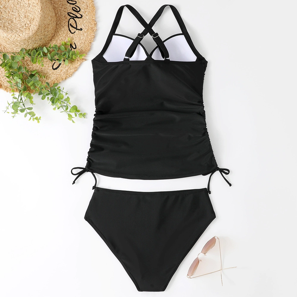 2023 Solid Color Bikini Women&prime;s Two-Piece Tight Side Pleated Swimsuit