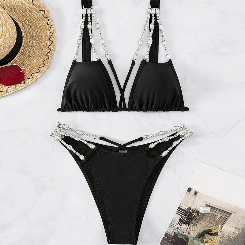 Solid Color Two-Piece Luxury Diamond Chain Strap Bikini Set Summer Women&prime;s Swimsuit