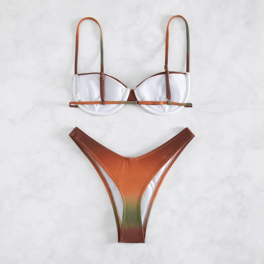 Women&prime;s Brown Gradient Two-Piece Bikini Set High Cut Swimsuit