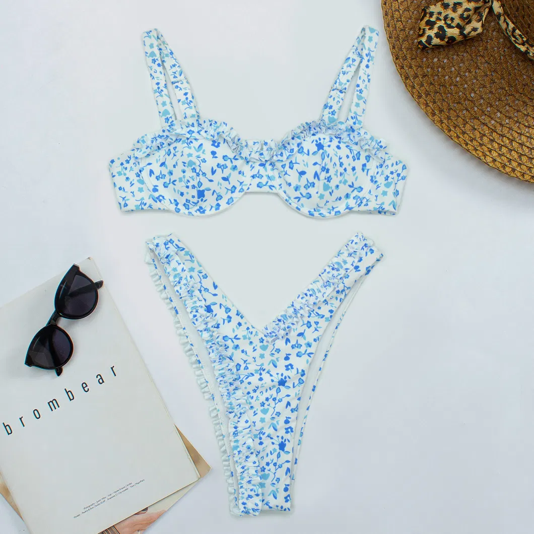 Two Piece Women&prime;s Swimsuit Floral Printing Sexy Lace Ruffle Bikini