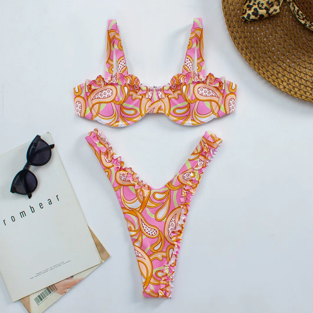 Two Piece Women&prime;s Swimsuit Floral Printing Sexy Lace Ruffle Bikini