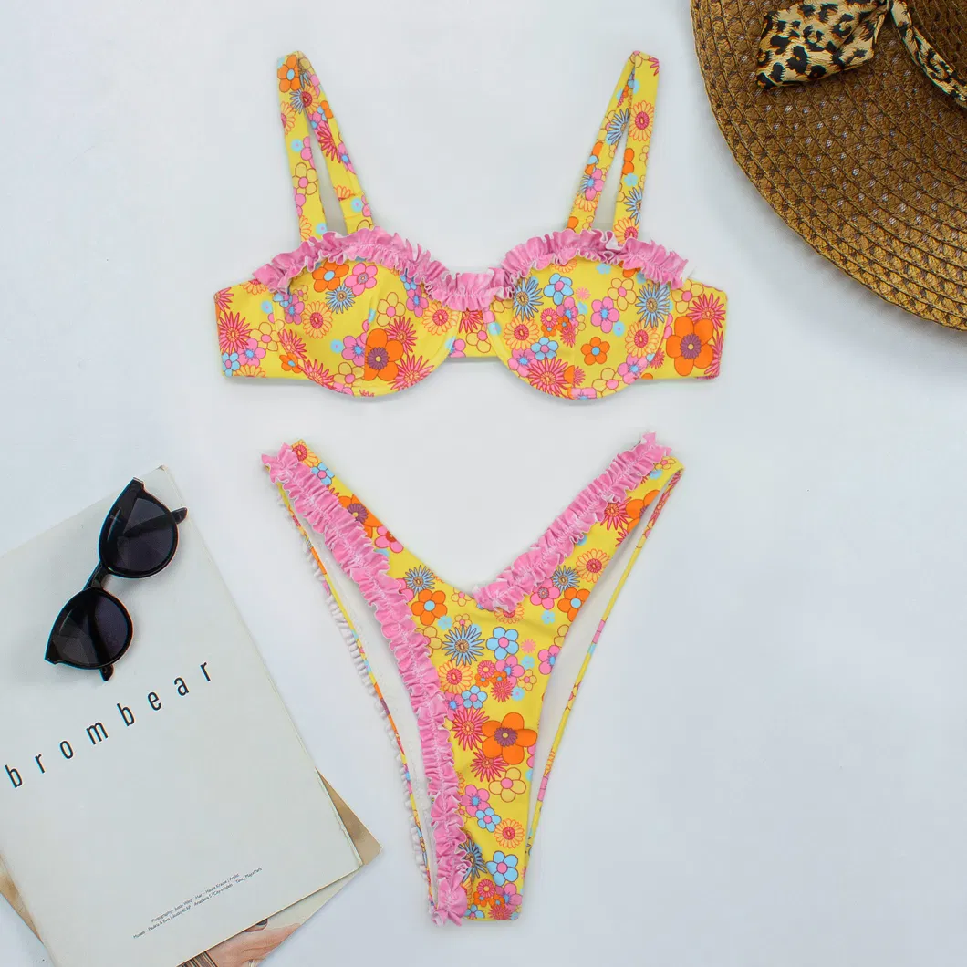 Two Piece Women&prime;s Swimsuit Floral Printing Sexy Lace Ruffle Bikini