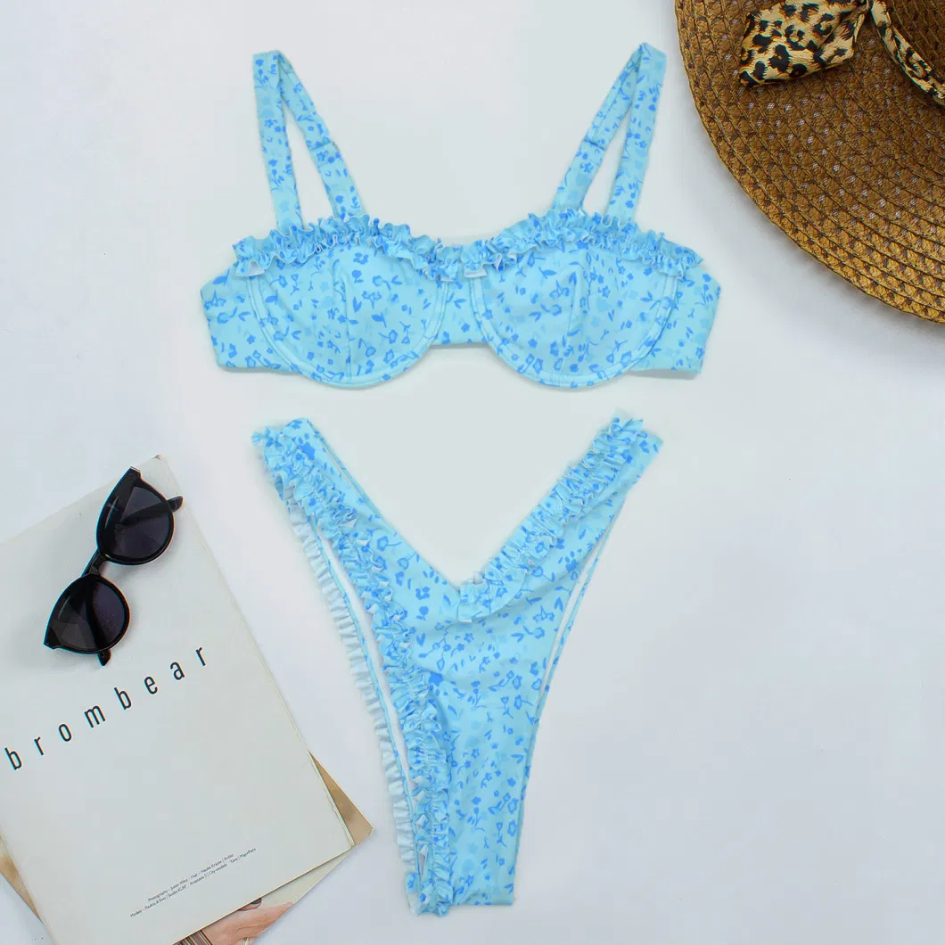 Two Piece Women&prime;s Swimsuit Floral Printing Sexy Lace Ruffle Bikini