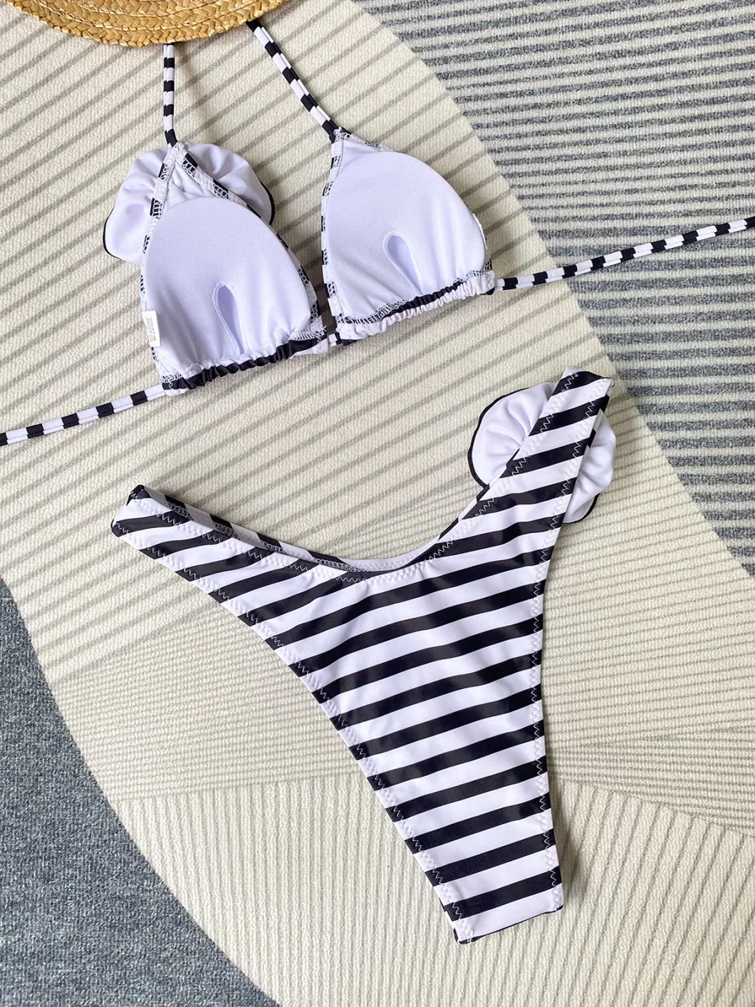 Sexy 3D Flower Striped Printing Three Point Tie Strap Women&prime;s Bikini