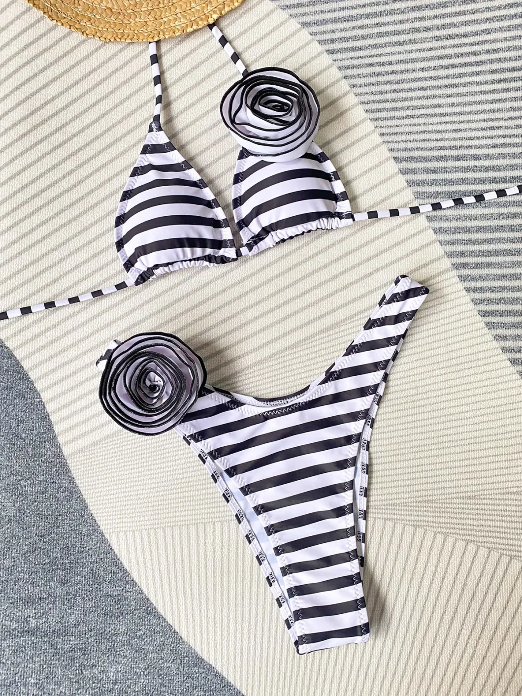 Sexy 3D Flower Striped Printing Three Point Tie Strap Women&prime;s Bikini