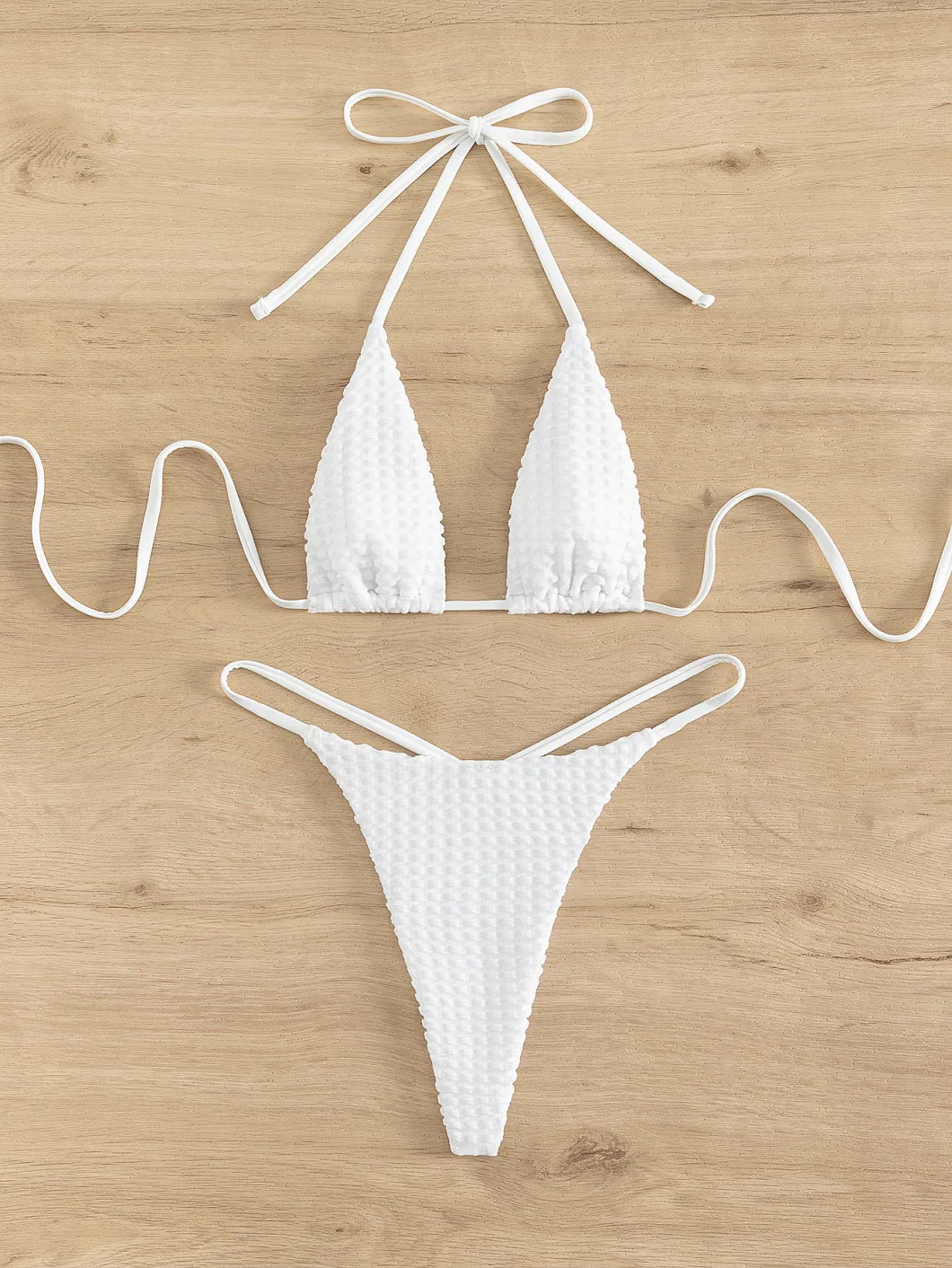 2024 New Sexy White Color Thong Bottom Special Fabric Micro Triangle Cup Women&prime;s Two Piece Bikini Swimsuit