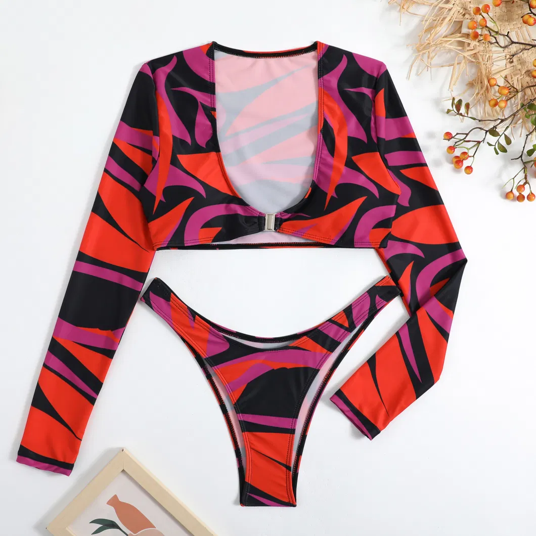 Sexy Colorful Print Long Sleeve Sunscreen Two Piece Bikini