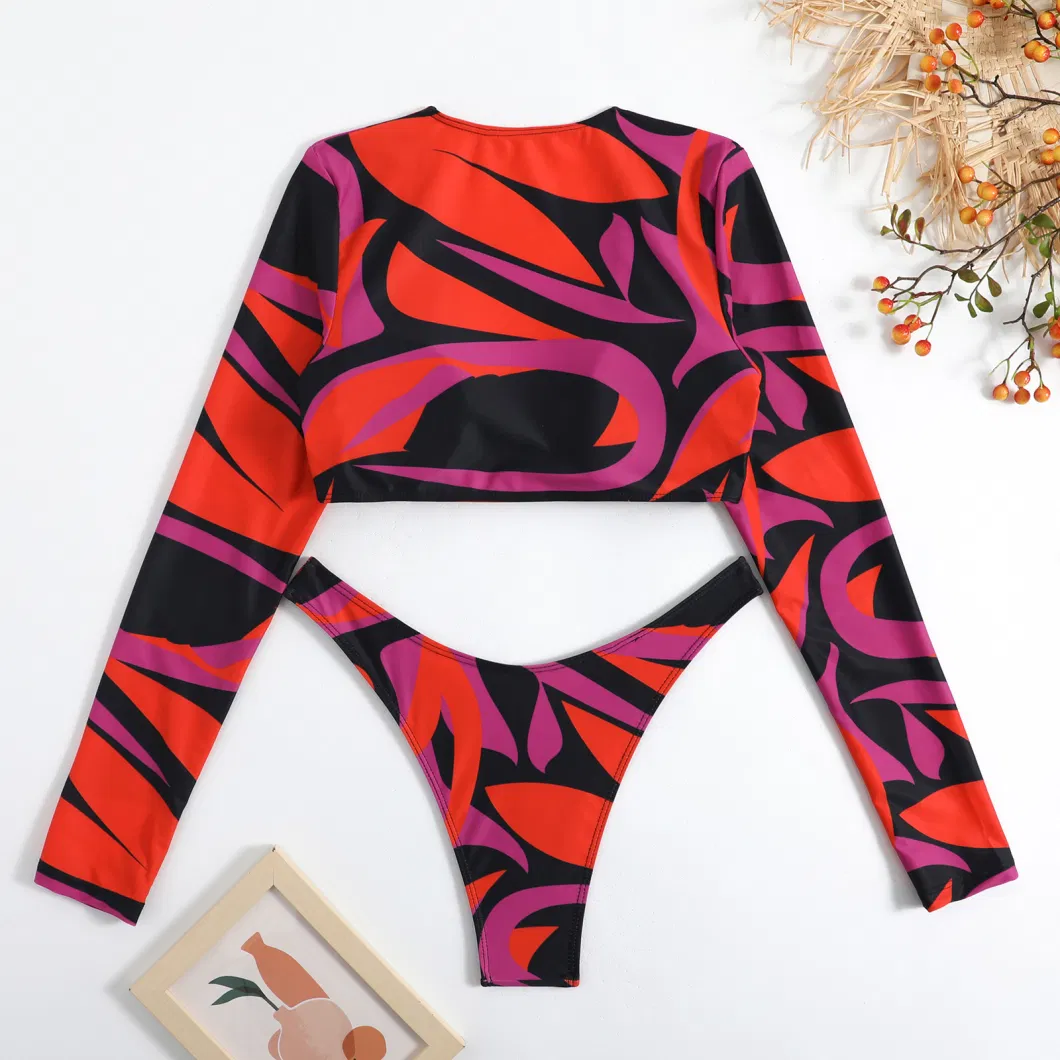 Sexy Colorful Print Long Sleeve Sunscreen Two Piece Bikini