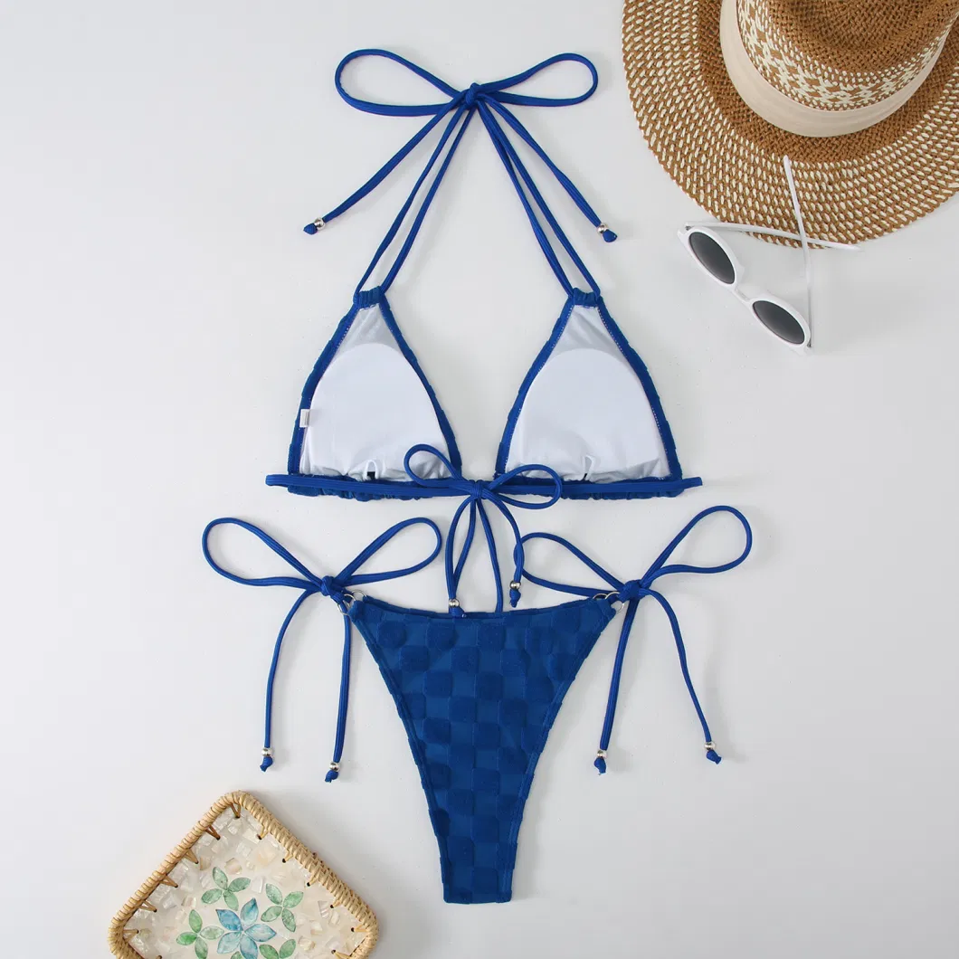 Towelling Fabric Solid Color Swimsuit Drawstring Tie Bikini with Metal Accessories