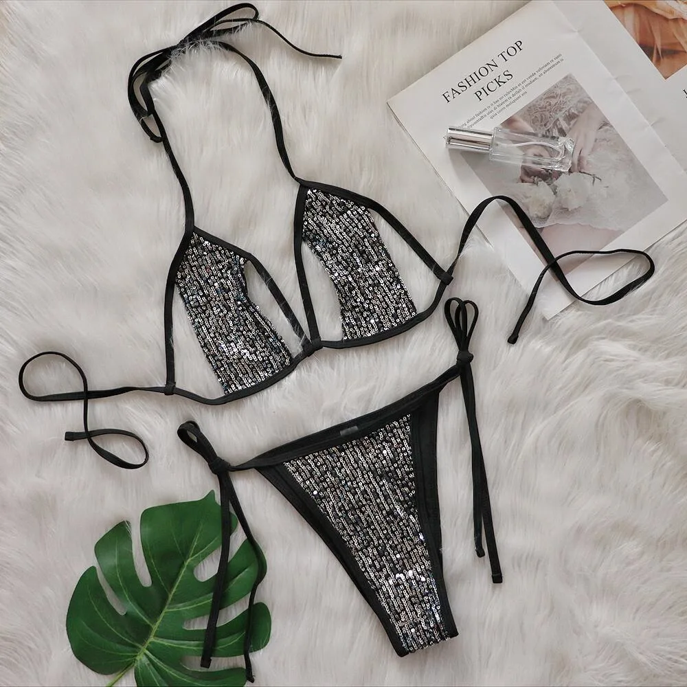 2024 New Style Sequin Swimwear Women&prime;s Two Pieces Cutout Hanging Neck Tie Bikini