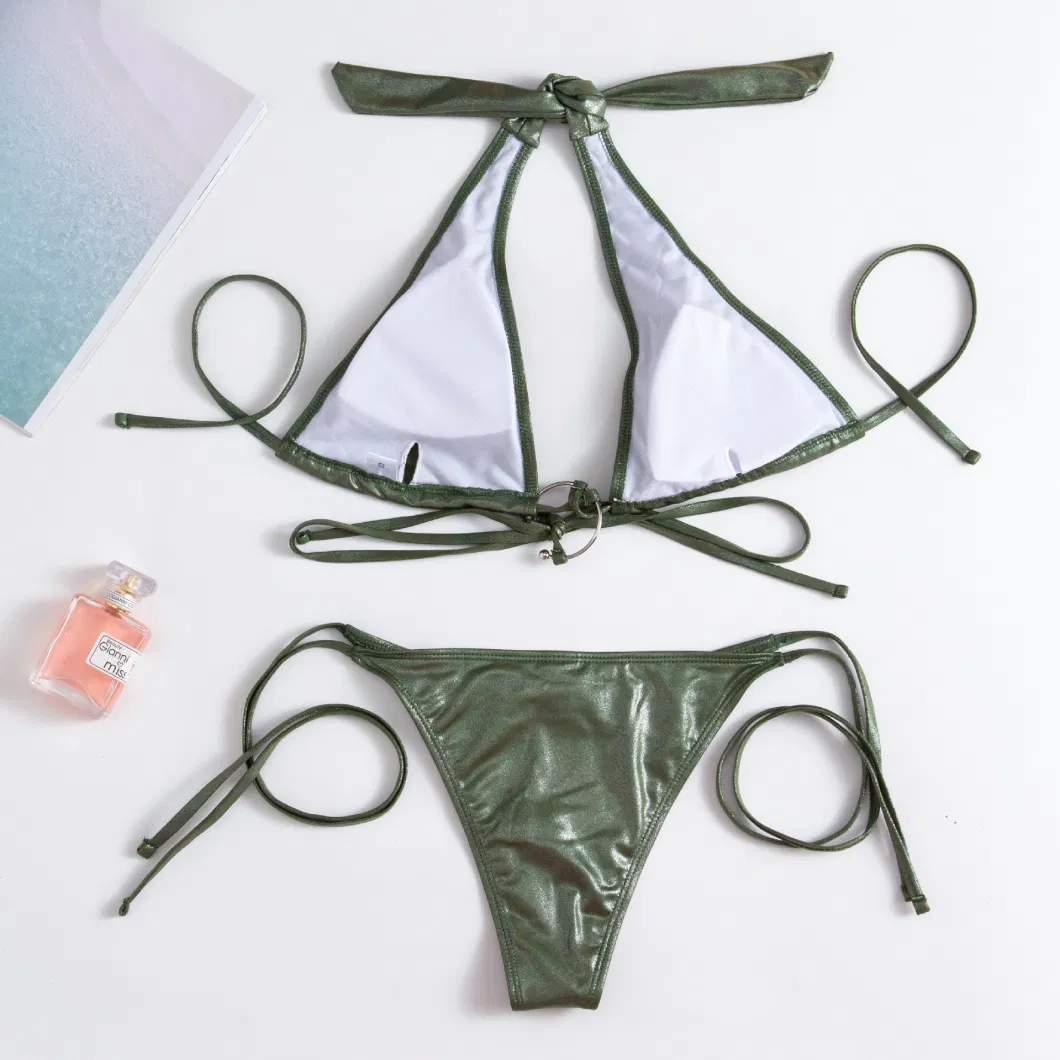 2024 New Sexy Deep V Solid Green Colour Strap Neck Hanging Bikini Swimsuit CF Metal Accessories Hardware Waist Strap Underwear Halter