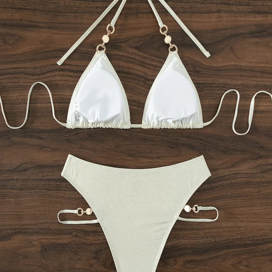 2024 New Bikini Women Sexy Two Pieces Set Swimwear Hot Gold Triangle Bra Cup Pearl Jewelry Swimwear Neck Tie White Color Bikini