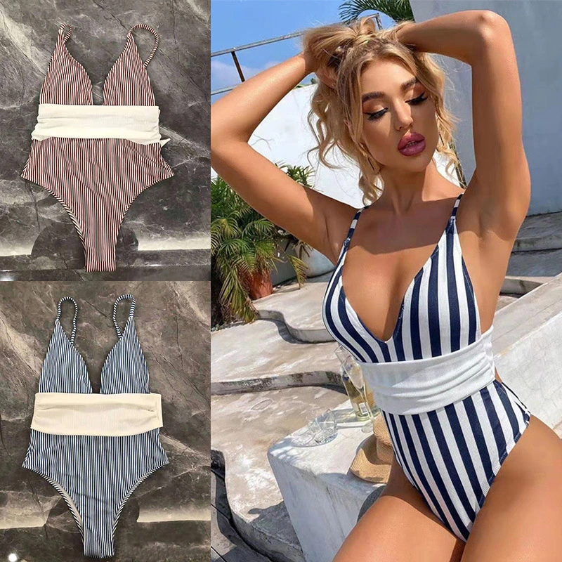 Sexy Striped One Piece Bikini Women&prime; S Push up Swimwear Swimsuit Beach Triangle Bathing Suit