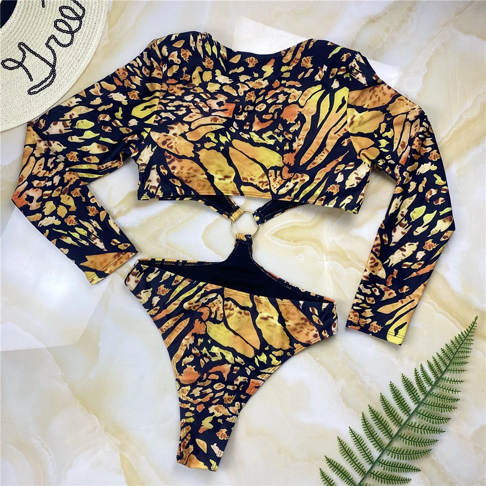 2022 O Ring Abstract Print Long Sleeve 1 Piece Women Sexy Bikini Beach Wear