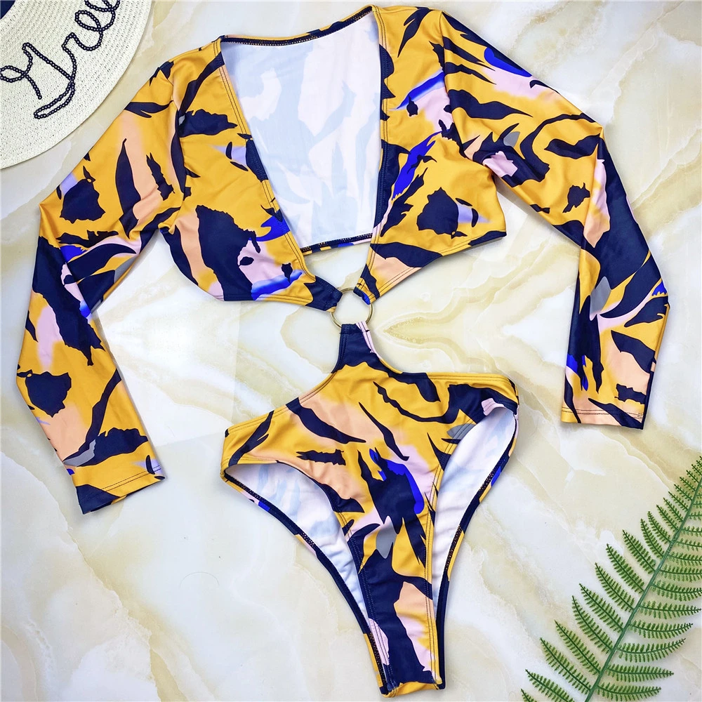 2022 O Ring Abstract Print Long Sleeve 1 Piece Women Sexy Bikini Beach Wear