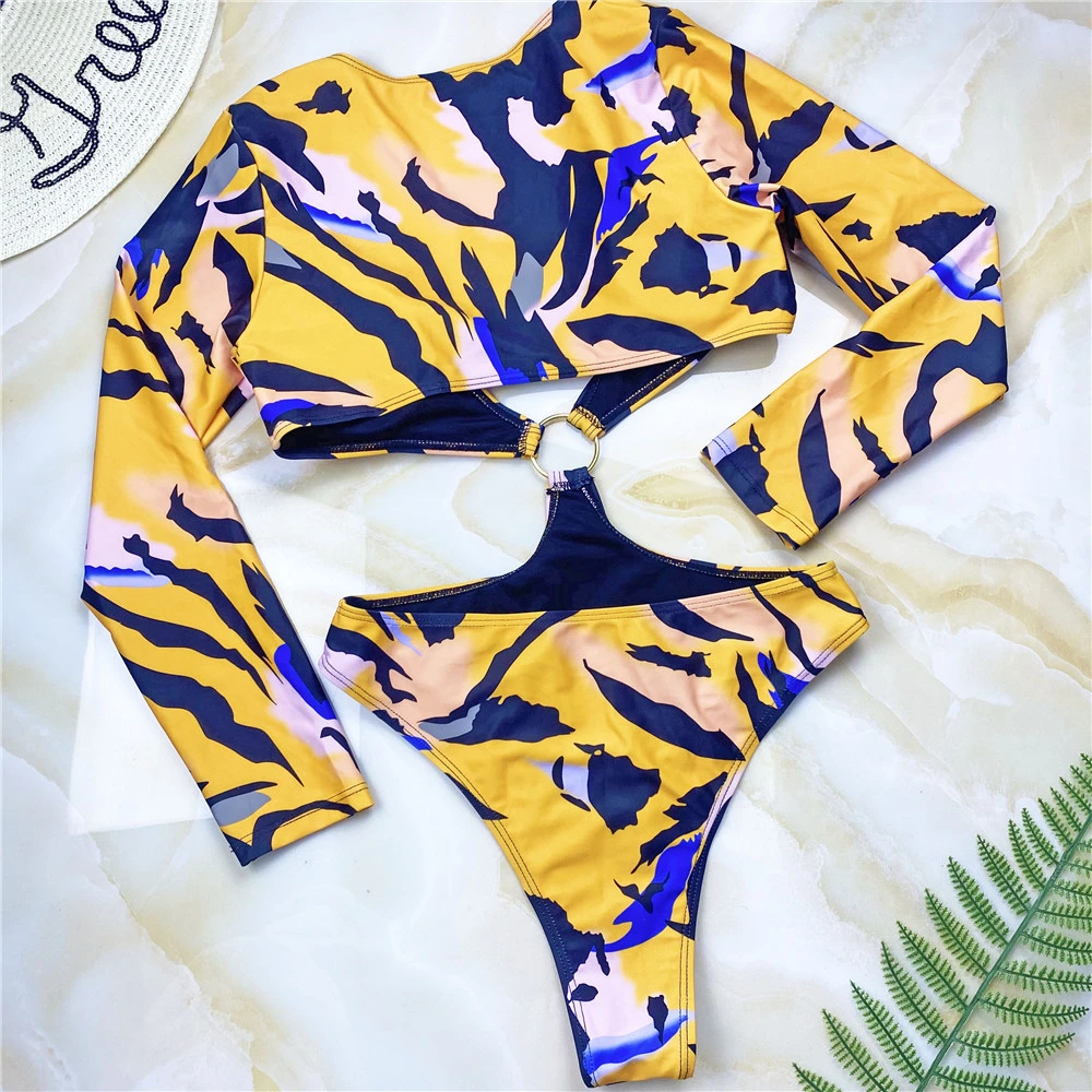 2022 O Ring Abstract Print Long Sleeve 1 Piece Women Sexy Bikini Beach Wear