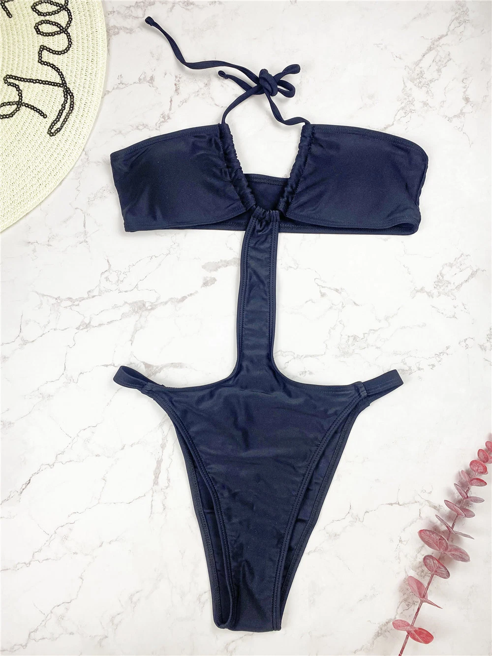 2022 Black Drawstring Halter Cut out 1 Piece Women Sexy Bikini Beach Wear