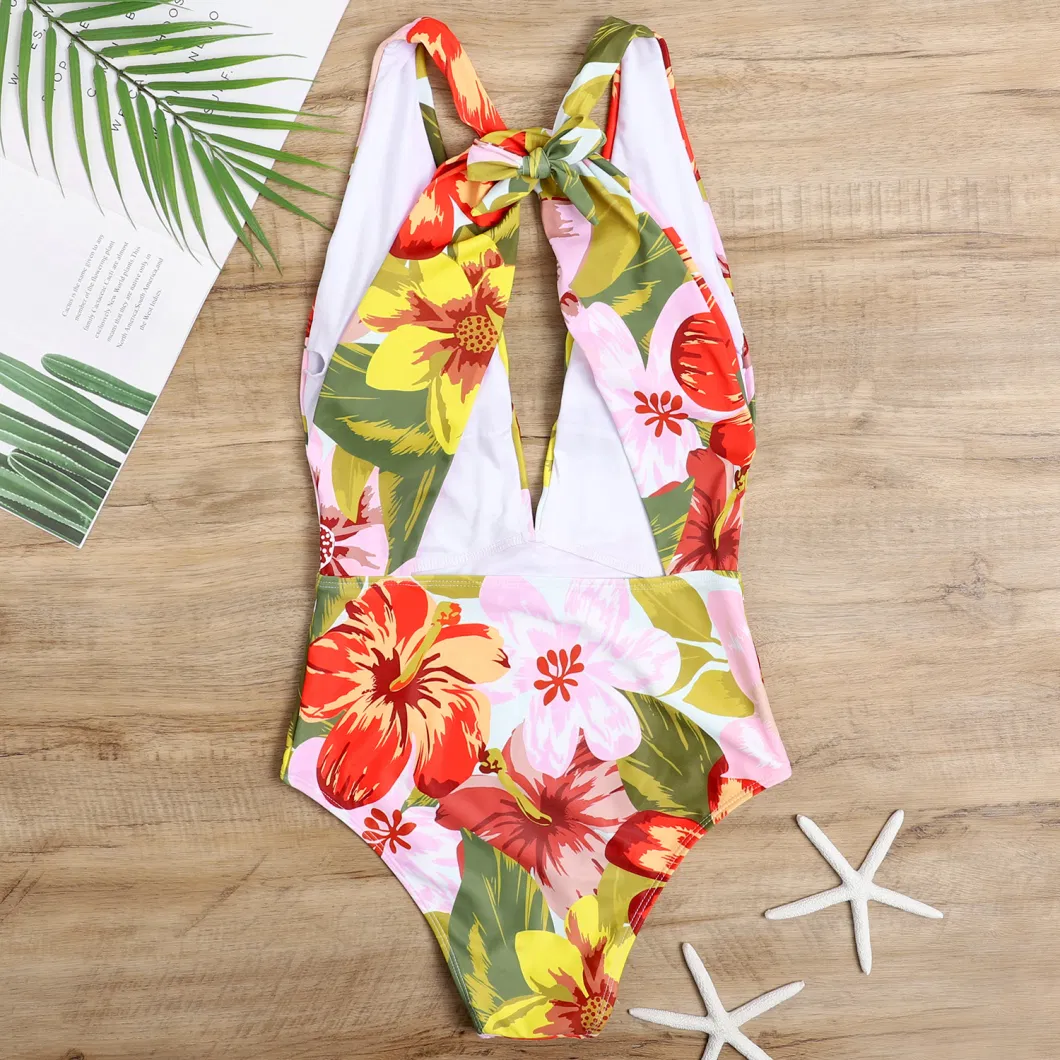 Amazon Floral Printing V Neck Halter Women&prime;s One Piece Bikini