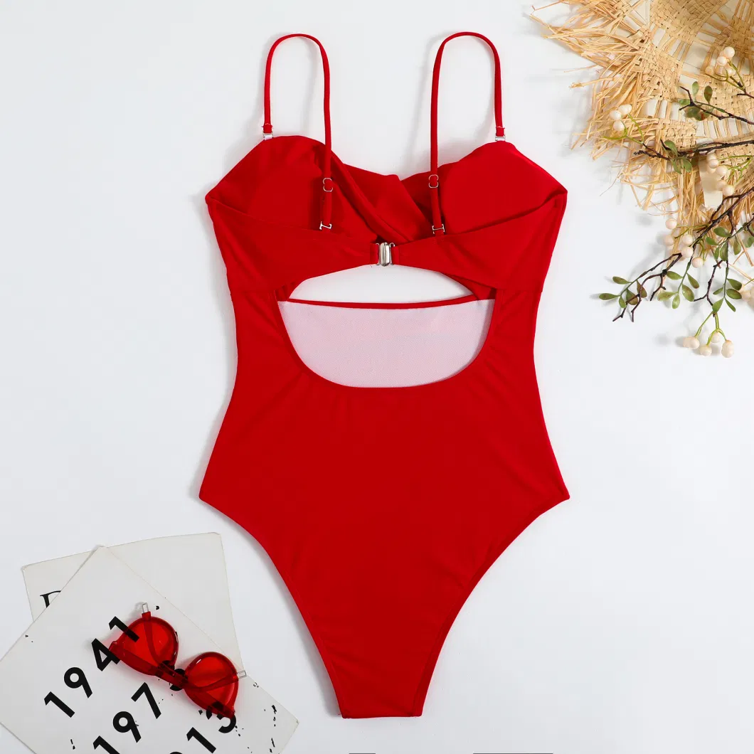 One-Piece High-Waisted Tight Backless Women&prime;s Swimsuit Pure Color Bikini